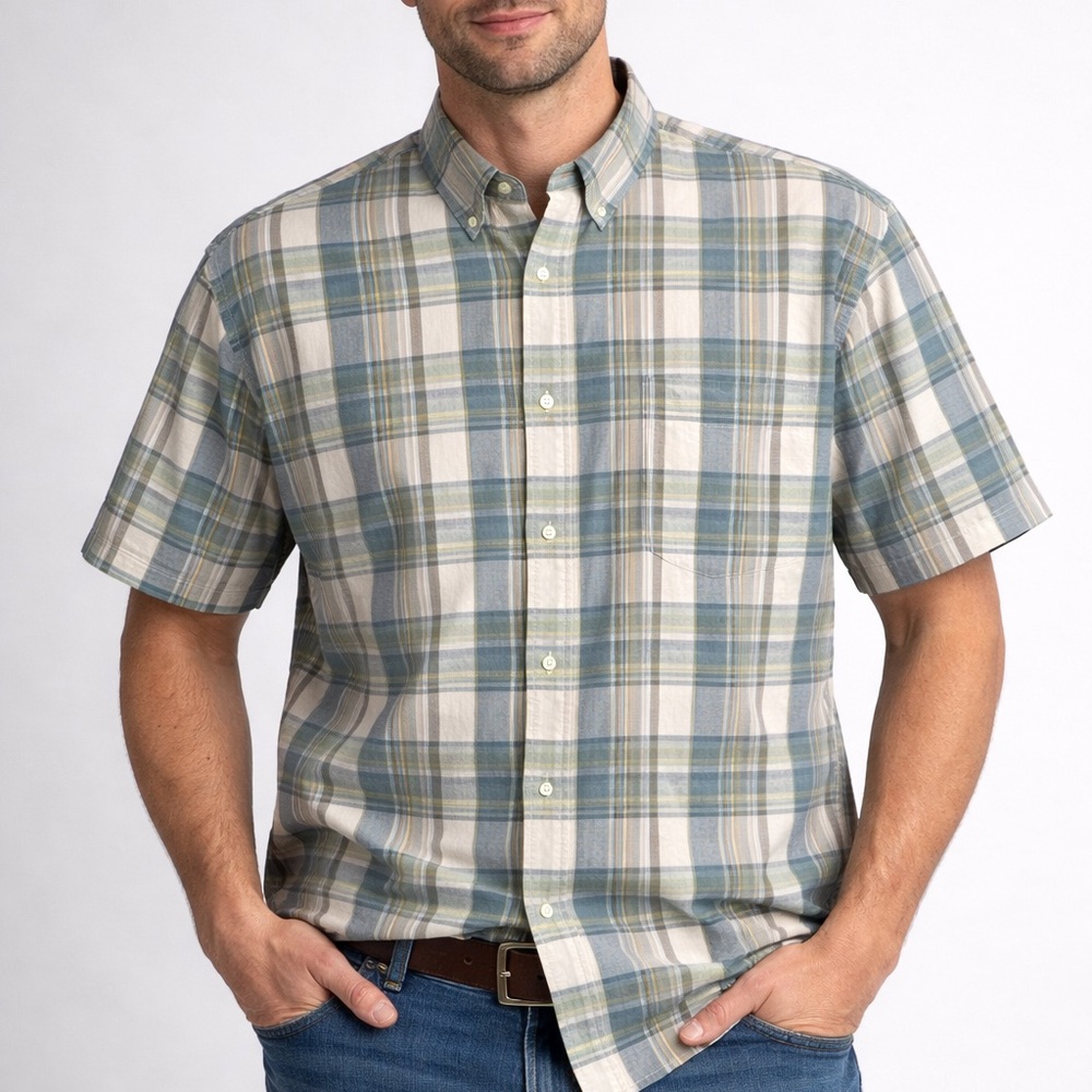 Woolrich Men's 2XL Plaid Short Sleeve Button Down Shirt Organic Cotton Modern
